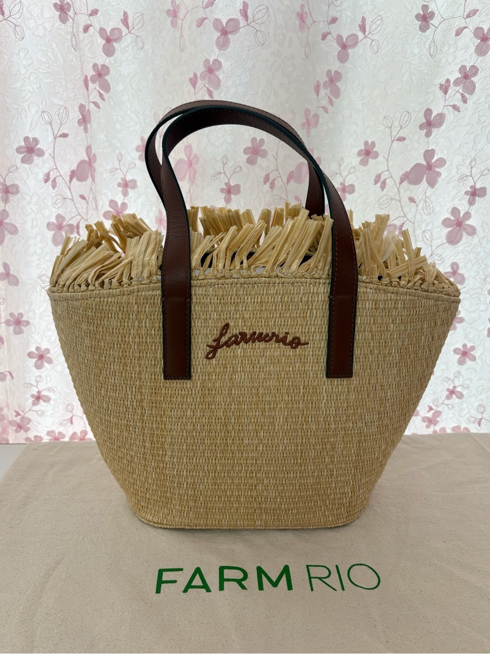 Farm Rio Small Fringed Leather Trimmed Raffia Tote Bag - Picture 2 of 9